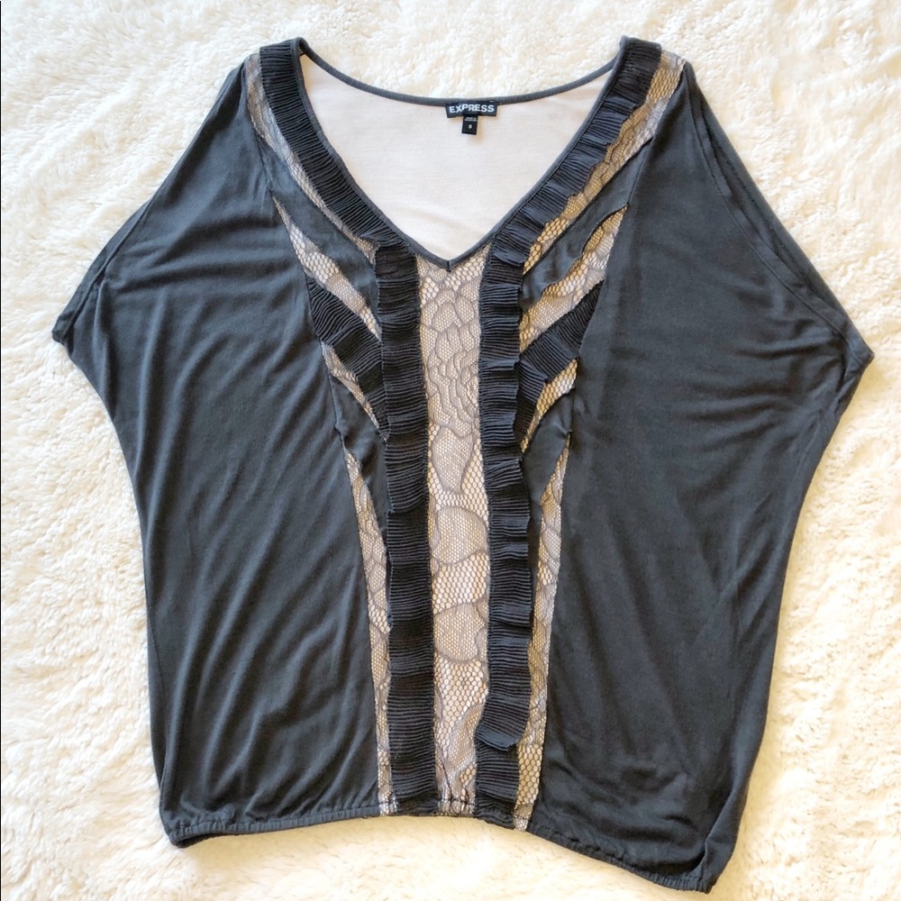 {Express} Dark Grey Ruffle and Lace Blouse
